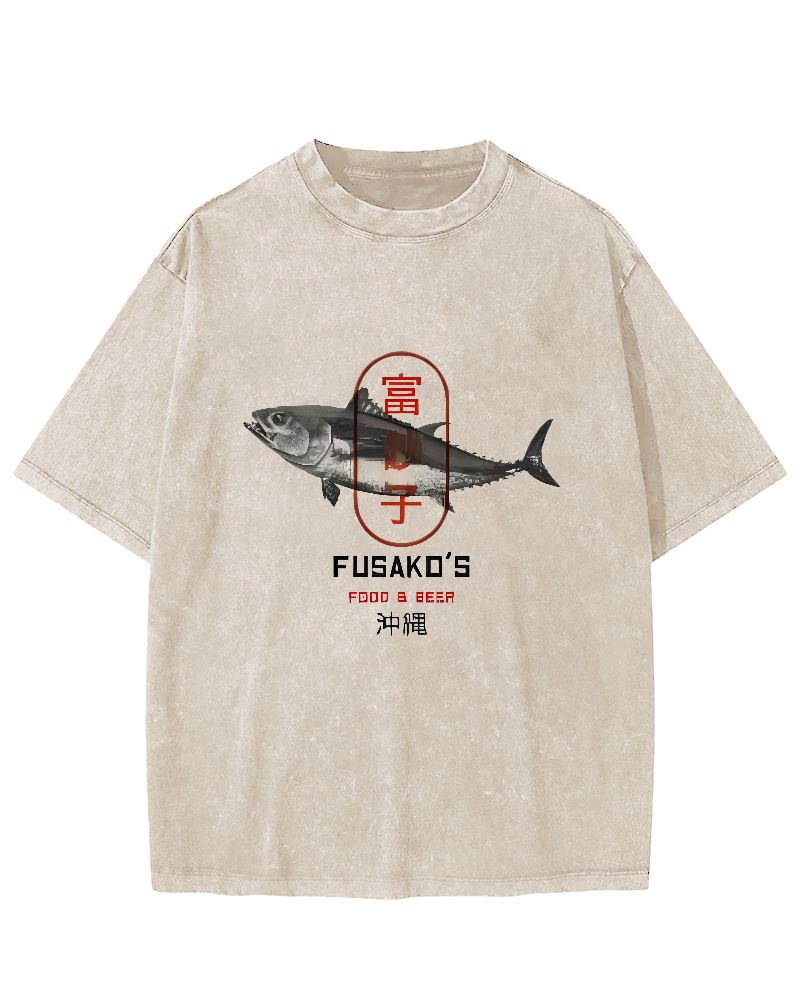 Seafood Market Japanese Washed T-shirts-Zazasy