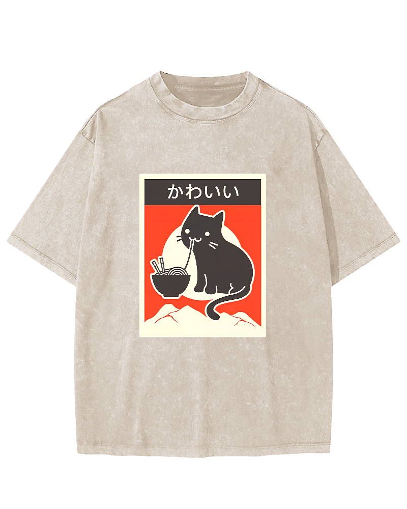 Noodle Eating Cat Japanese Style Washed T-shirt-Zazasy