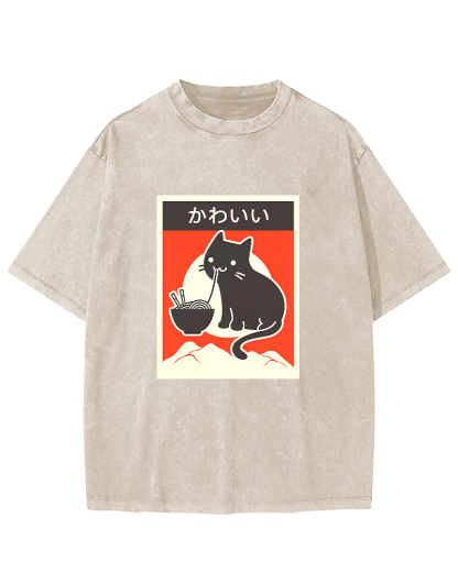 Noodle Eating Cat Japanese Style Washed T-shirt-Zazasy