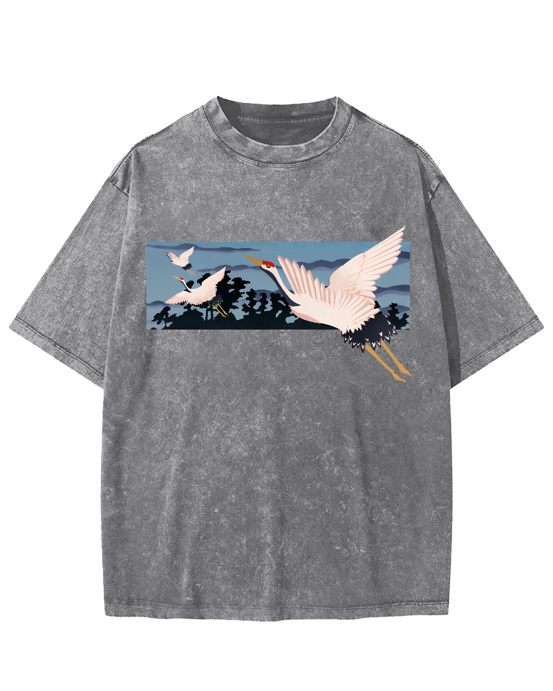 Idle Clouds, Wild Cranes, Japanese Style Vintage Washed T-shirt-Zazasy