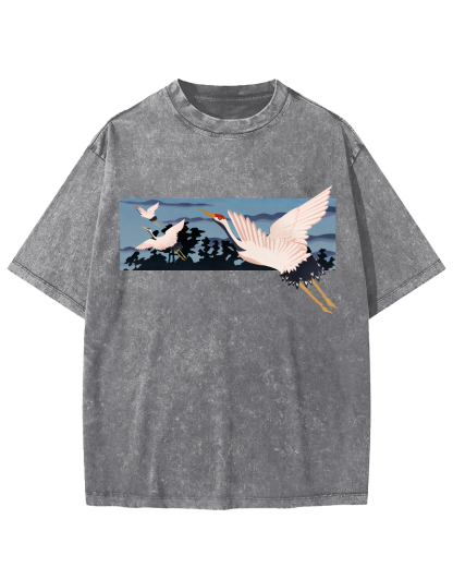 Idle Clouds, Wild Cranes, Japanese Style Vintage Washed T-shirt-Zazasy