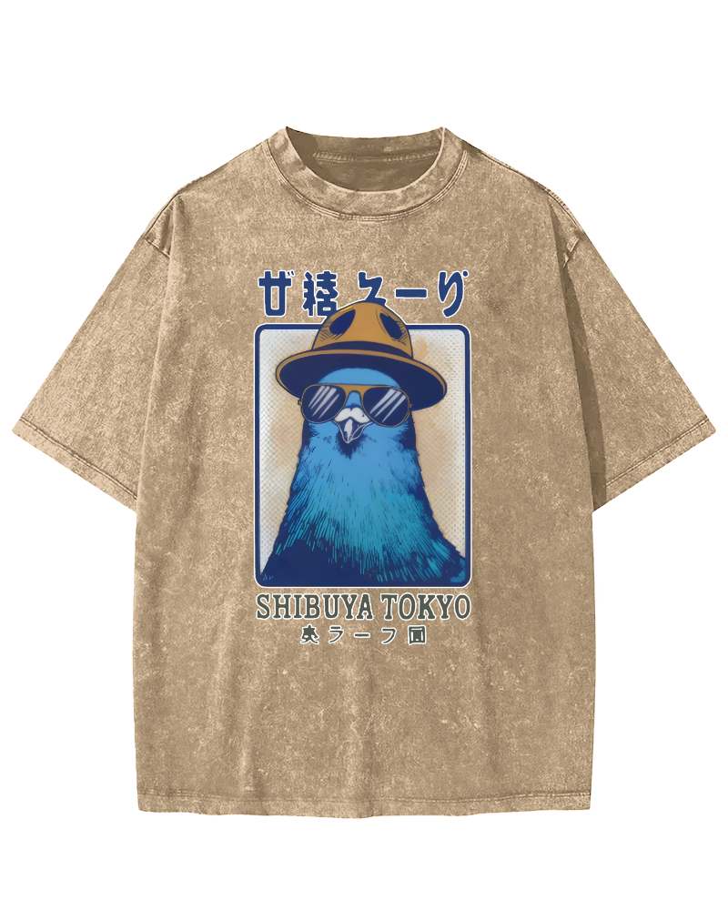 Shibuya Pigeon Retro Vintage Washed T-shirt