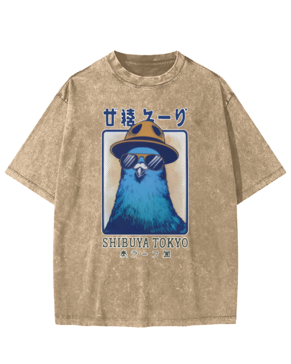 Shibuya Pigeon Retro Vintage Washed T-shirt