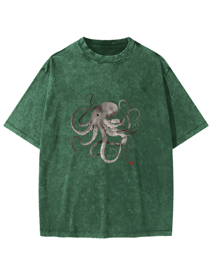 Japanese Octopus Pattern Vintage Distressed T-shirt-Zazasy