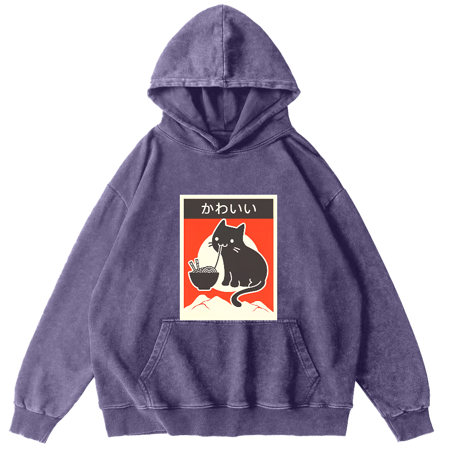 Noodle Loving Cat Patterned Washed Hoodie-Zazasy