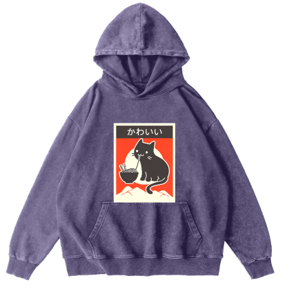 Noodle Loving Cat Patterned Washed Hoodie-Zazasy
