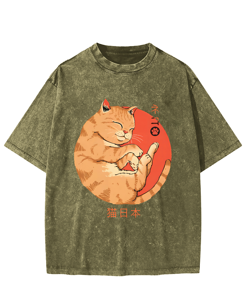 Lazy Japanese Cat Vintage Distressed T-shirt-Zazasy