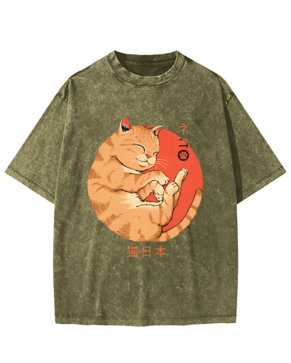Lazy Japanese Cat Vintage Distressed T-shirt-Zazasy