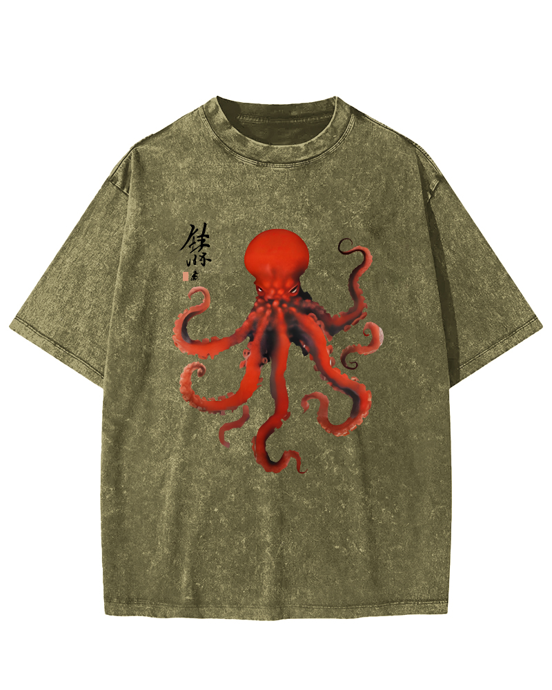 Japanese Octopus Vintage Washed T-shirt-Zazasy