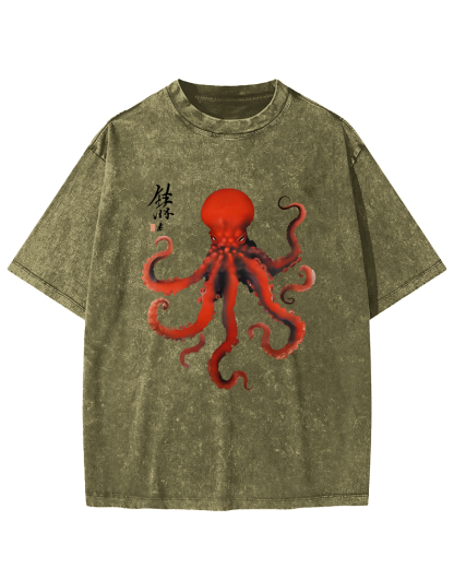 Japanese Octopus Vintage Washed T-shirt-Zazasy