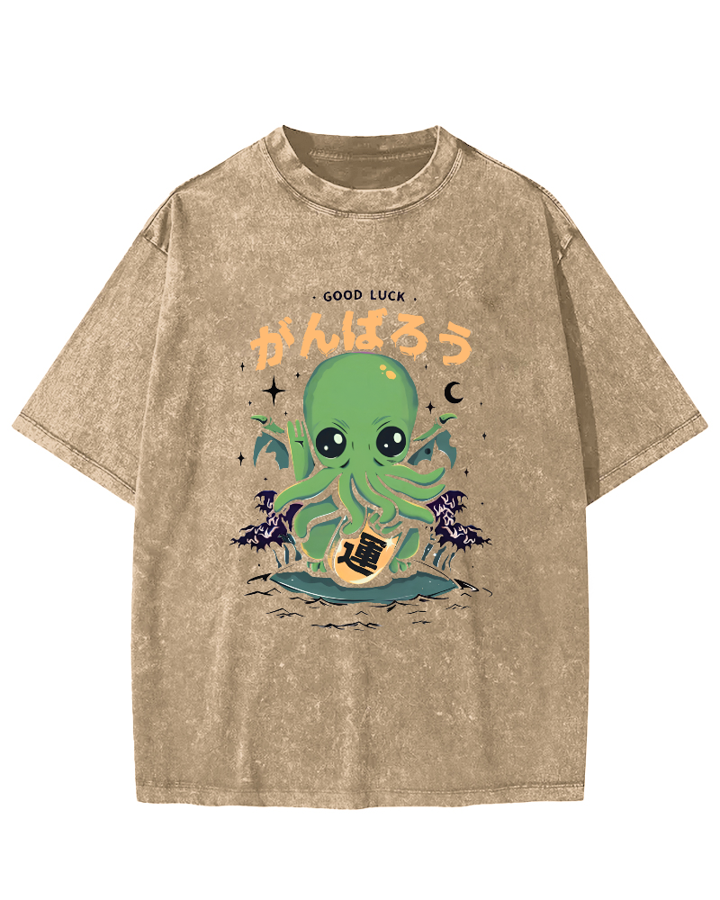 Japanese Lucky Octopus Pattern Vintage Distressed T-shirt-Zazasy