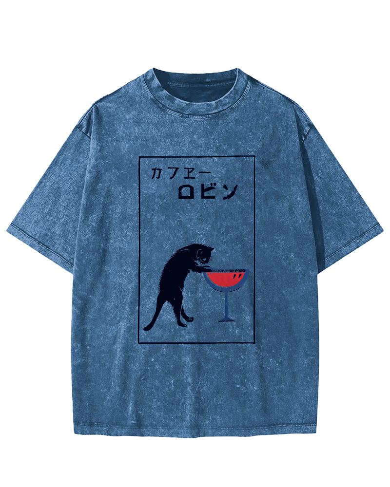 Japanese Script Red wine cat Vintage Distressed T-shirt-Zazasy