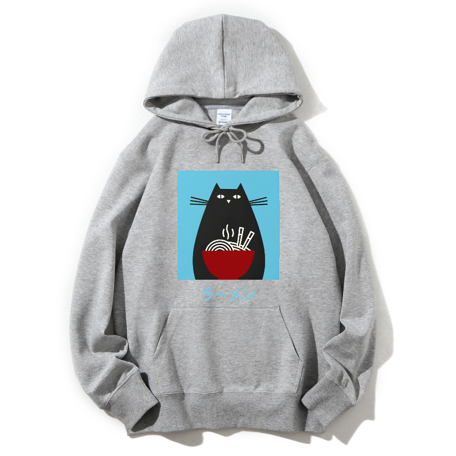 Black cat likes to eat Lamian Noodles Cotton Hoodie