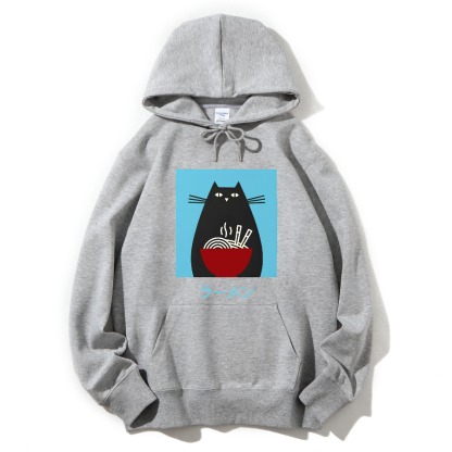 Black cat likes to eat Lamian Noodles Cotton Hoodie