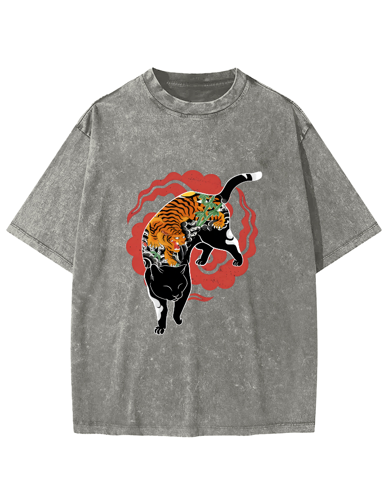 Tiger and Cat Pattern Vintage Distressed T-shirt-Zazasy