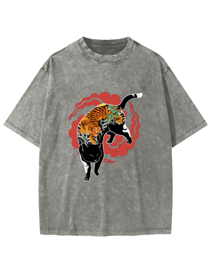 Tiger and Cat Pattern Vintage Distressed T-shirt-Zazasy