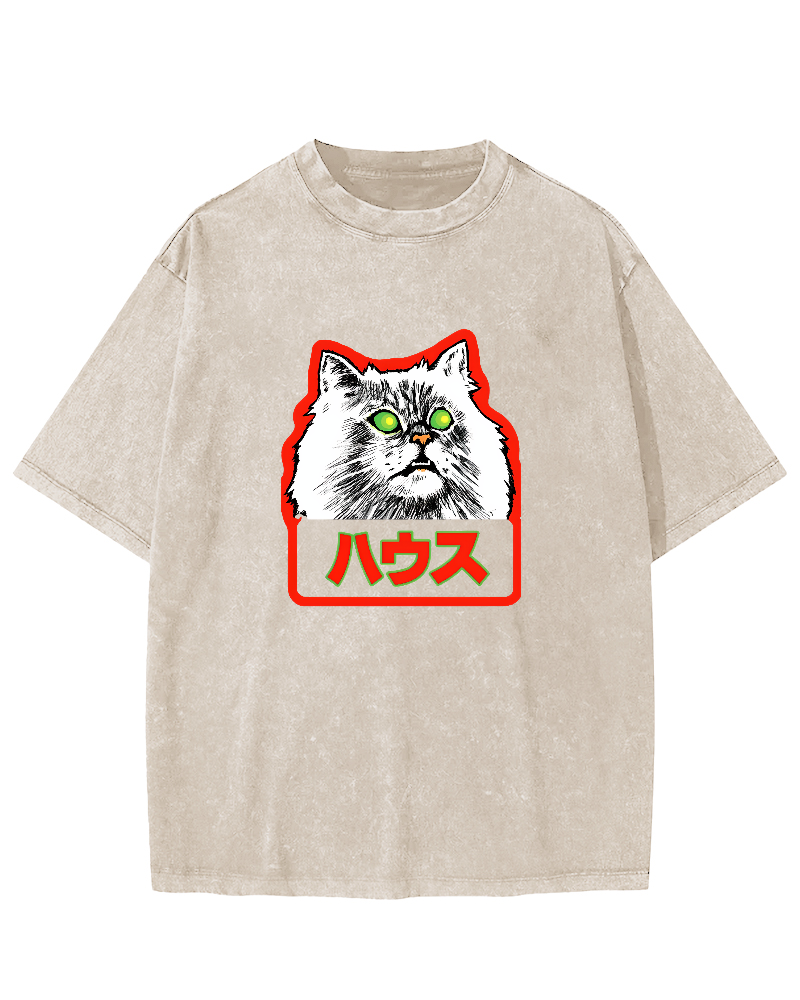 Residential White Cat Japanese Washed T-Shirt-Zazasy