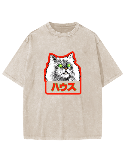 Residential White Cat Japanese Washed T-Shirt-Zazasy