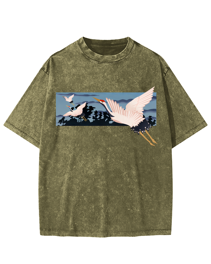 Idle Clouds, Wild Cranes, Japanese Style Vintage Washed T-shirt-Zazasy