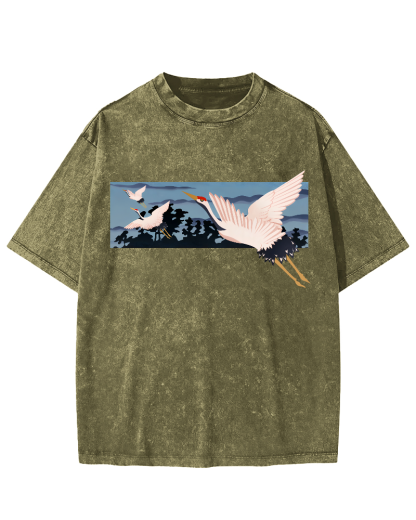 Idle Clouds, Wild Cranes, Japanese Style Vintage Washed T-shirt-Zazasy