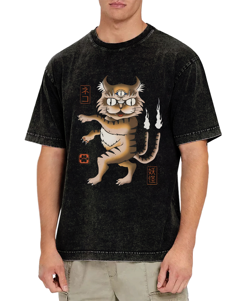 Cat Monster Japanese Vintage Washed T-shirt-Zazasy