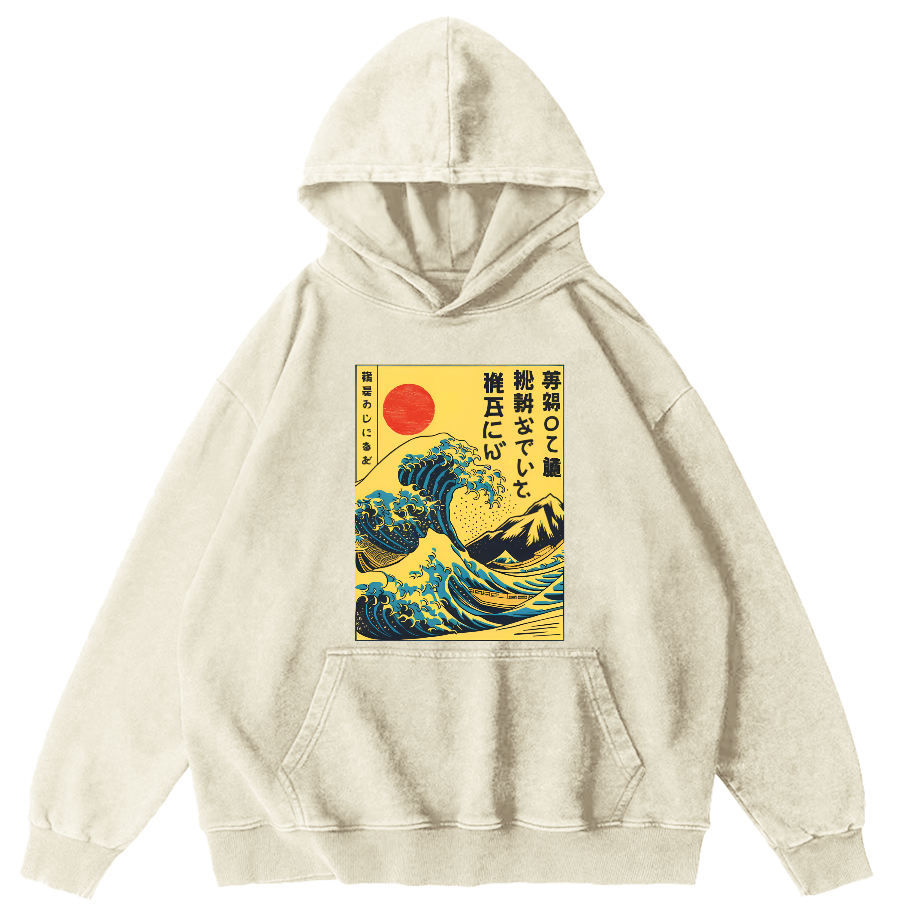 Edo Period Wave Scenery Japanese Style Vintage Washed Hoodie-Zazasy