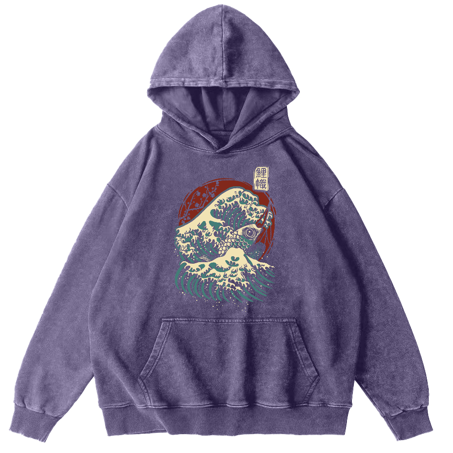 Koi in the Waves, Japanese Style Vintage Washed Hoodie-Zazasy
