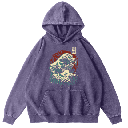 Koi in the Waves, Japanese Style Vintage Washed Hoodie-Zazasy