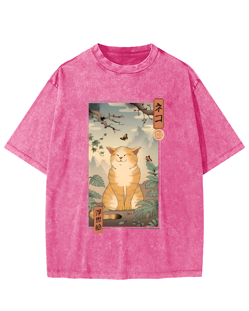 Cute and Lazy Cat Japanese Style Vintage Distressed T-shirt-Zazasy
