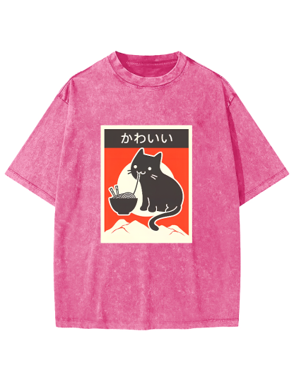 Noodle Eating Cat Japanese Style Washed T-shirt-Zazasy