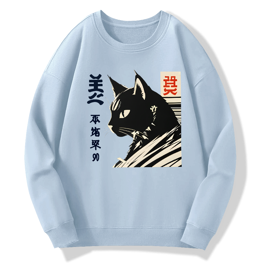 Japanese Black Cat Cotton Pullover Sweatshirt