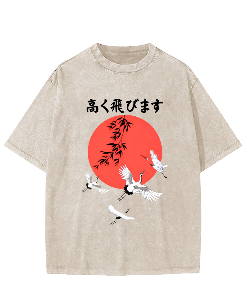 Flying Crane Japan Vintage Washed T-shirt-Zazasy