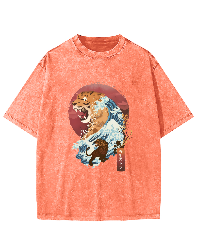 Tiger in Japanese Waves Vintage Distressed T-shirt-Zazasy