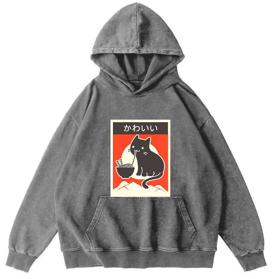 Noodle Loving Cat Patterned Washed Hoodie-Zazasy