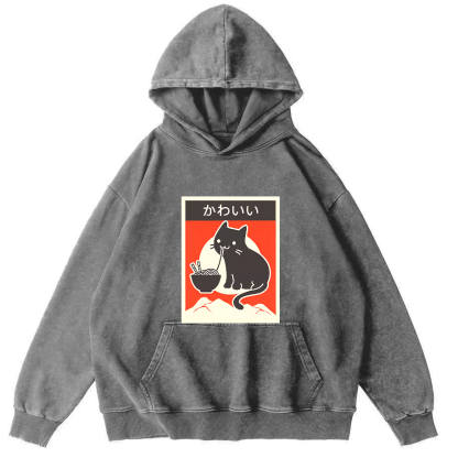 Noodle Loving Cat Patterned Washed Hoodie-Zazasy