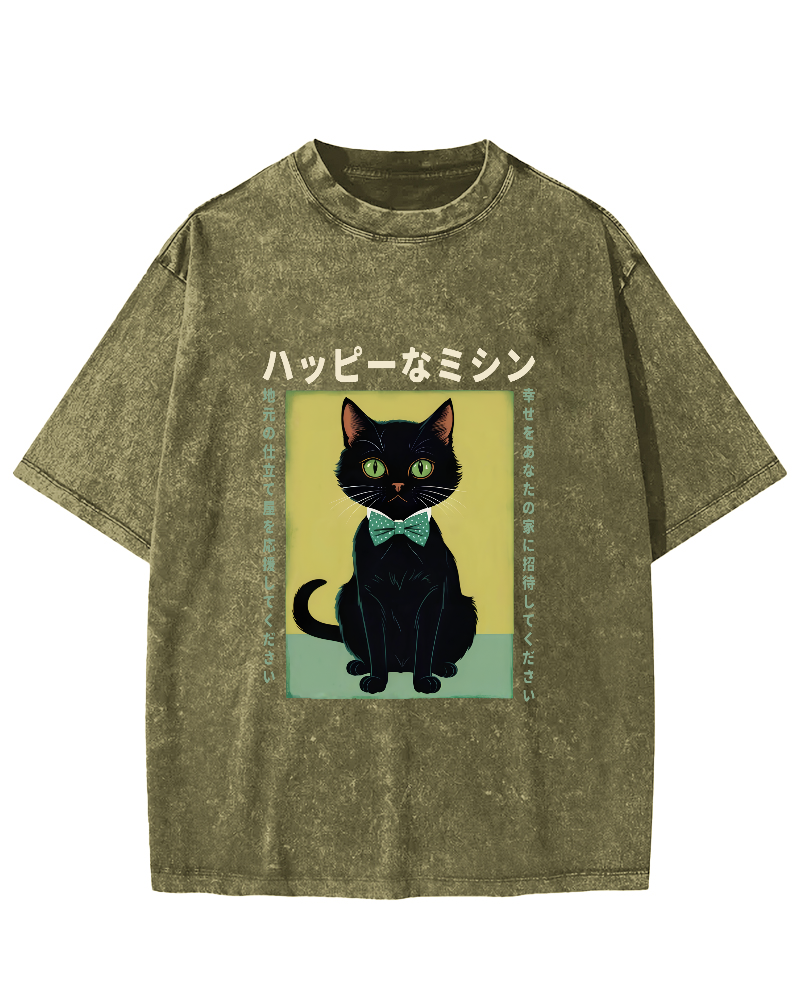 Cute kitten Japanese washed T-shirt-Zazasy
