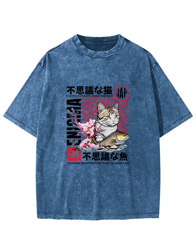 Japanese Cat Pattern Vintage Distressed T-shirt-Zazasy