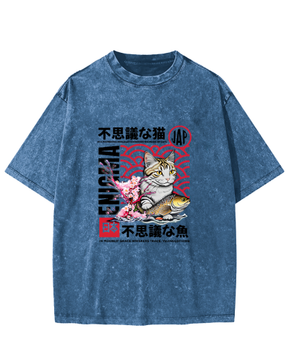 Japanese Cat Pattern Vintage Distressed T-shirt-Zazasy