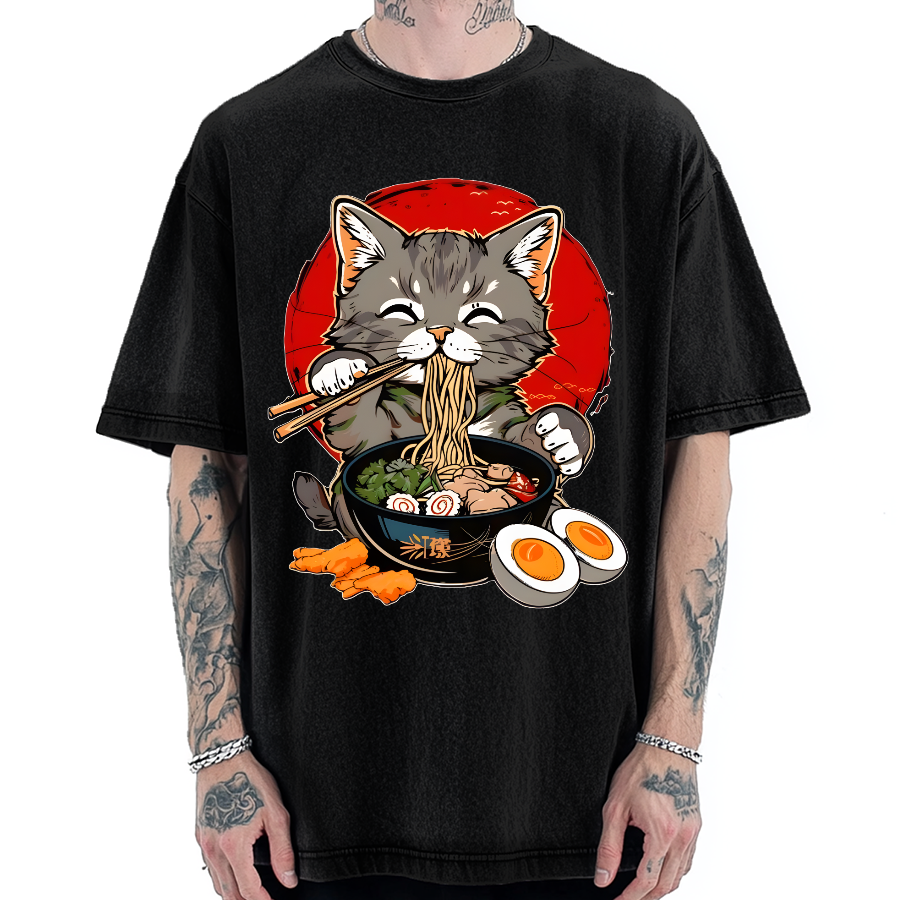 Japanese Anime Cat Eating Ramen Vintage Washed T-shirt