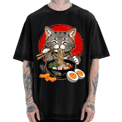Japanese Anime Cat Eating Ramen Vintage Washed T-shirt