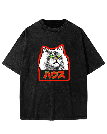 Residential White Cat Japanese Washed T-Shirt-Zazasy