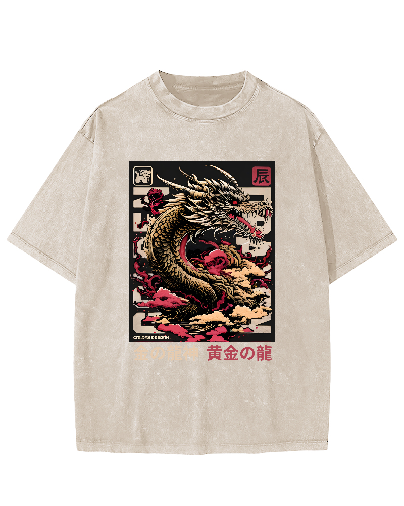 Golden Dragon Japanese Style Vintage Distressed T-shirt-Zazasy