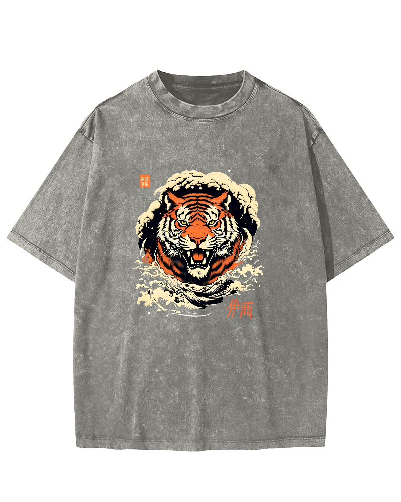 Japanese Tiger Head Pattern Vintage Distressed T-shirt-Zazasy