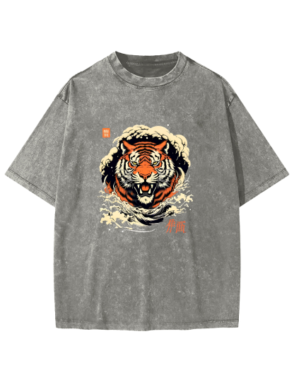 Japanese Tiger Head Pattern Vintage Distressed T-shirt-Zazasy