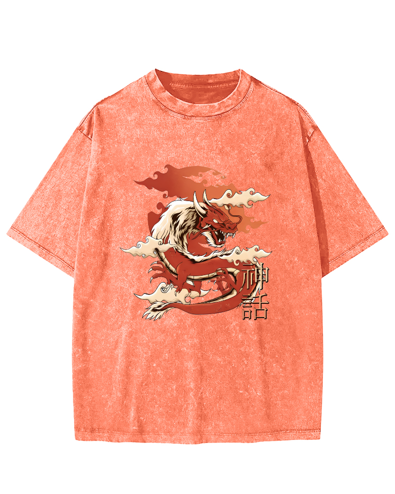Japanese Dragon Pattern Vintage Distressed T-shirt-Zazasy