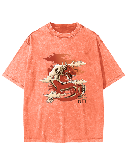 Japanese Dragon Pattern Vintage Distressed T-shirt-Zazasy
