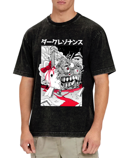 Japanese Abstract Cartoon Monsters Vintage Distressed T-shirt-Zazasy