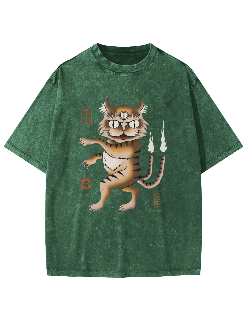 Cat Monster Japanese Vintage Washed T-shirt-Zazasy