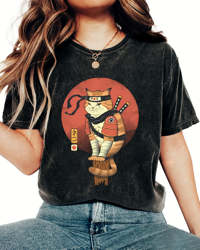 Abstract Samurai Cat Pattern Japanese Style Vintage Distressed T-shirt-Zazasy