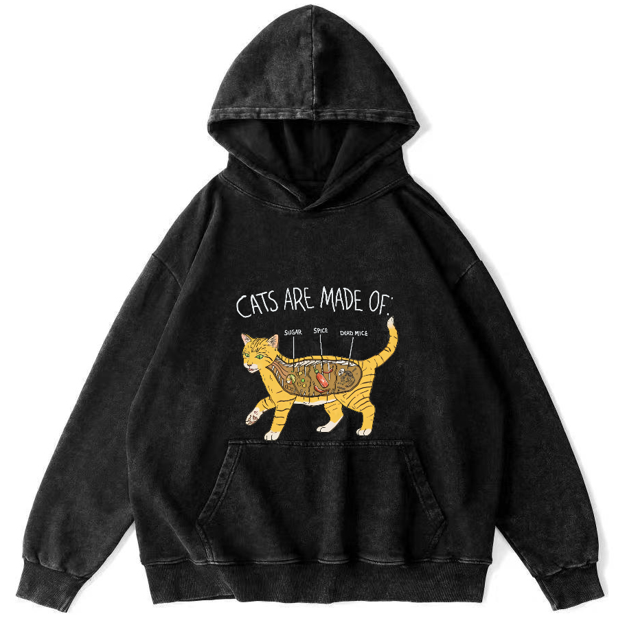 Abstract Cat Japanese Washed Hoodie-Zazasy